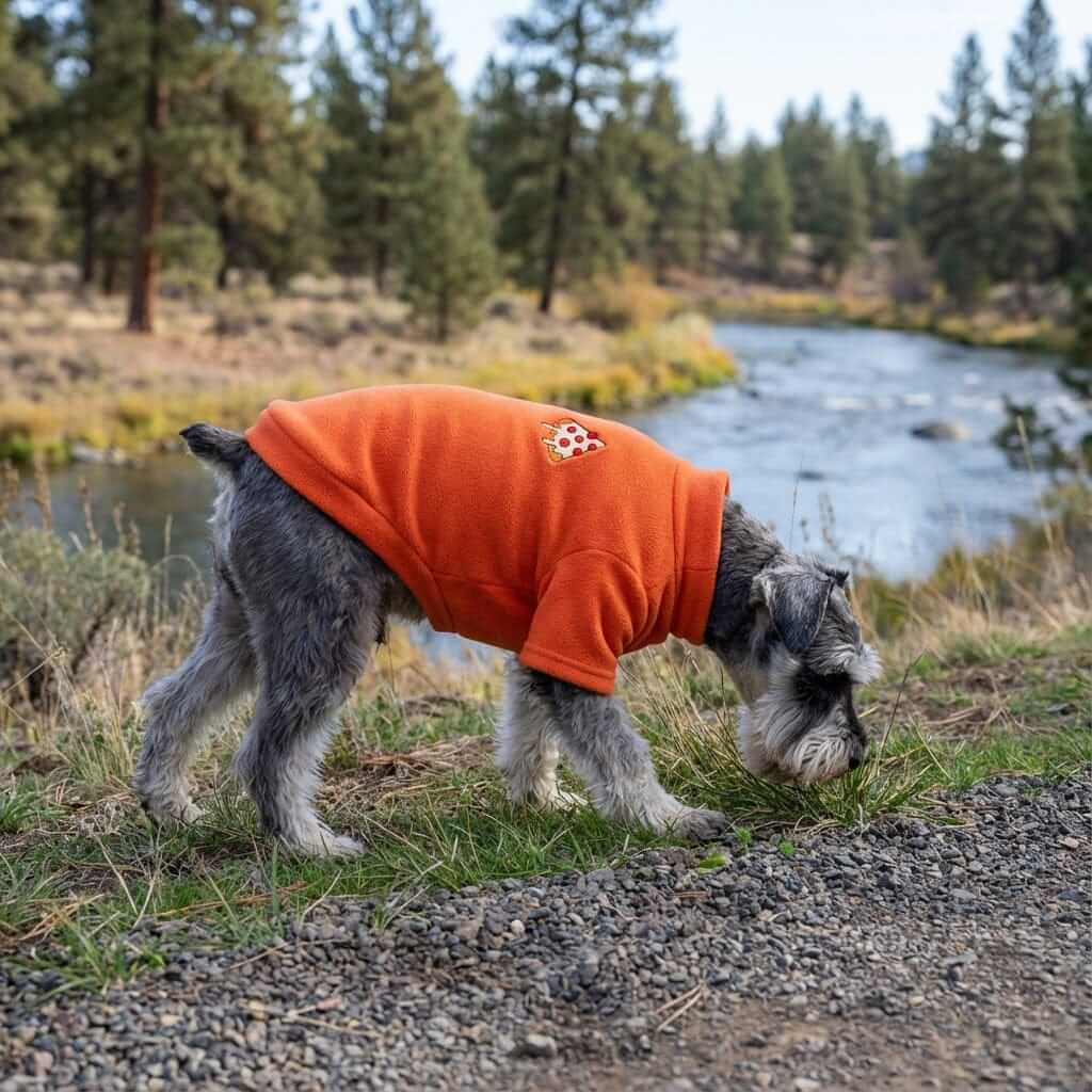 Restaurant Desires Dog Sweater on a dog enjoying a scenic outdoor walk, featuring soft fabric, short sleeves, and comfort.