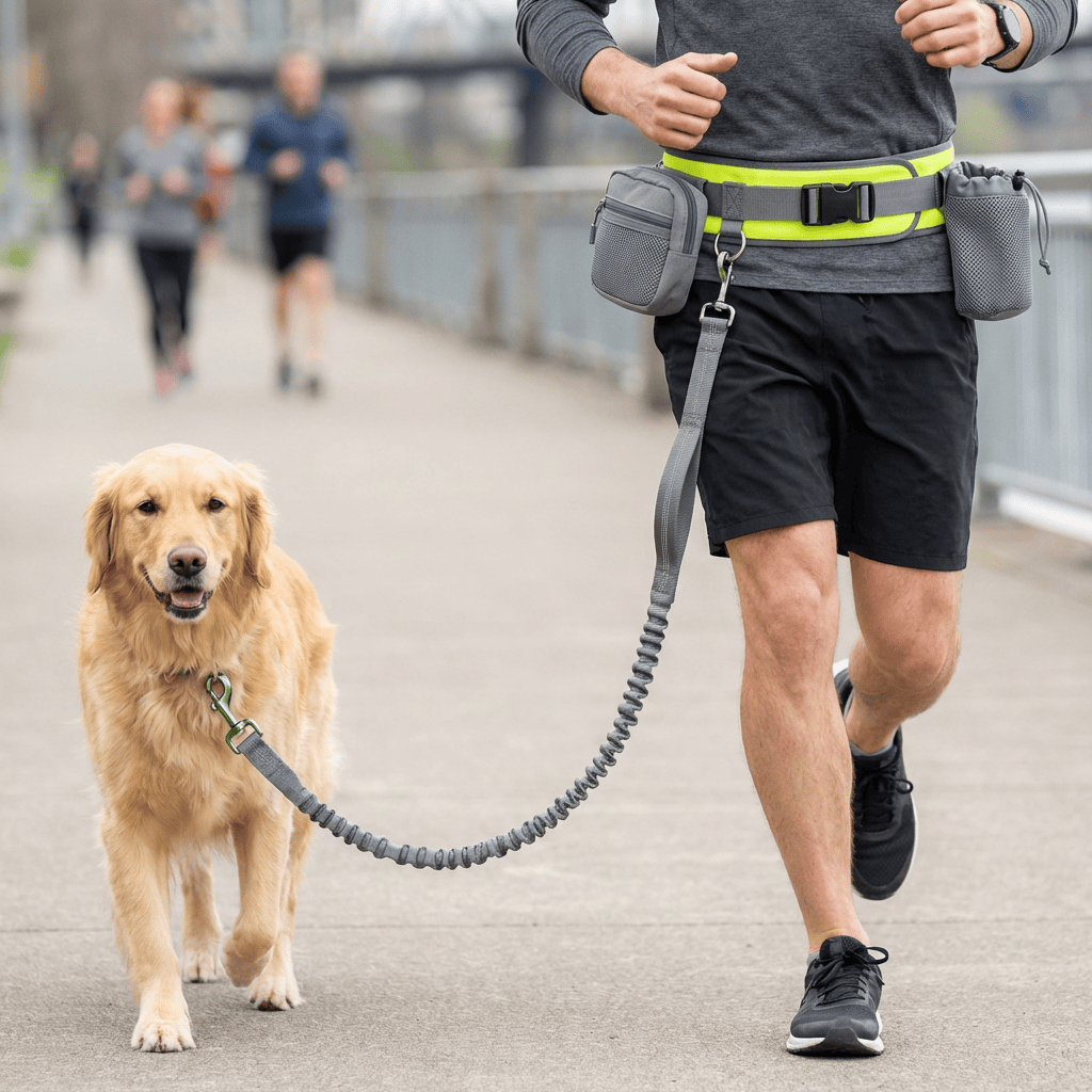 Person using a Retractable Hands-Free Leash for Large Dogs while jogging with a Golden Retriever in a park.