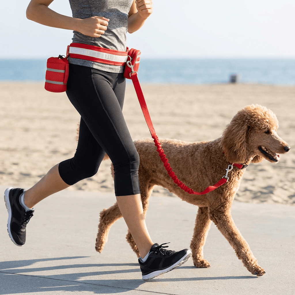 Retractable Hands-Free Leash for Large Dogs being used by a woman jogging with a dog on the beach.