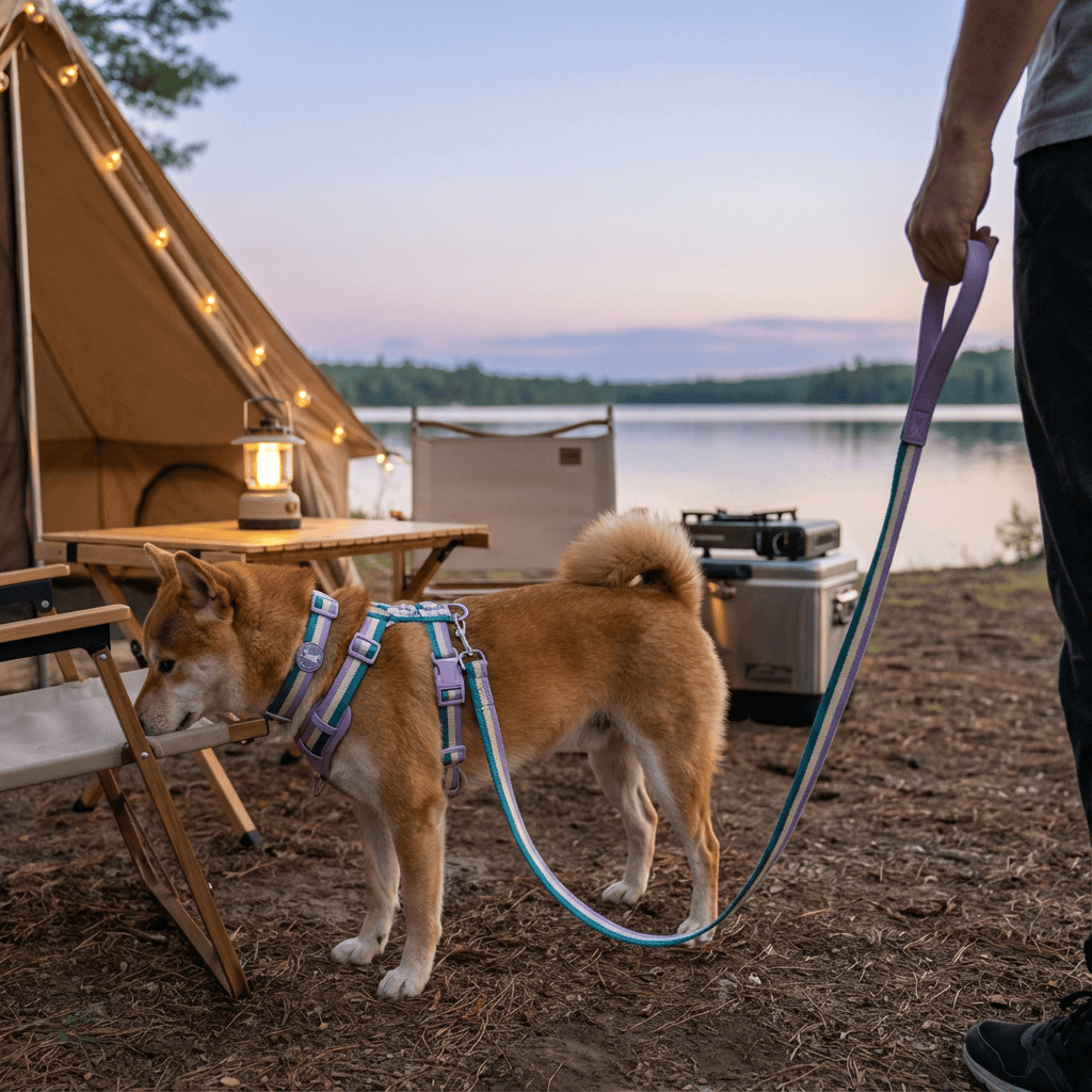 RetroRecord Dog Harness Set with a dog on a leash at a scenic campsite by a lake, showcasing vintage style and comfort.