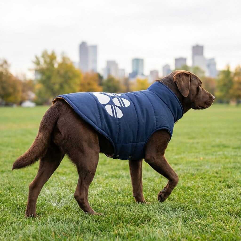 Reversible French Bulldog Down Jacket on a dog walking in a park, featuring stylish design by Dogs & Cats.