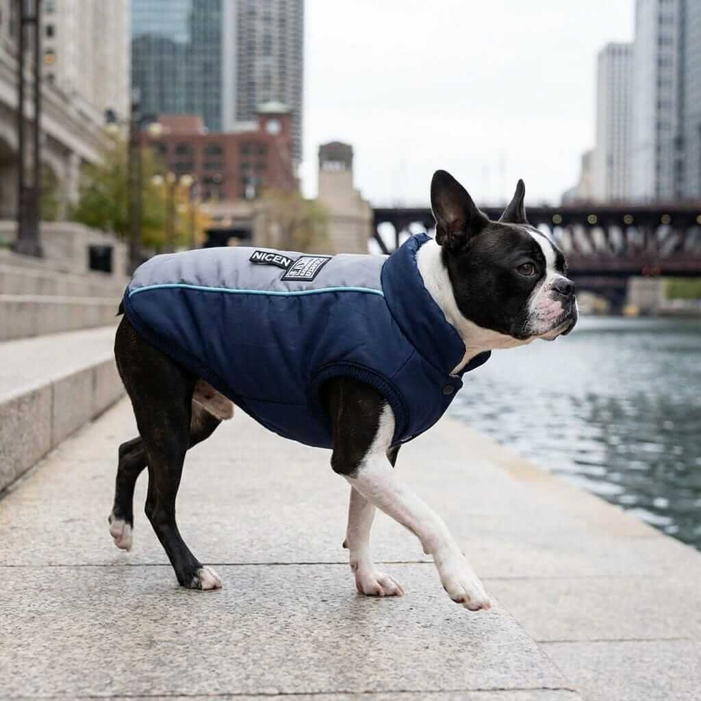 Ribbed Hem Dog Jacket on a Boston Terrier, water-repellent features by Dogs & Cats, perfect for winter weather.