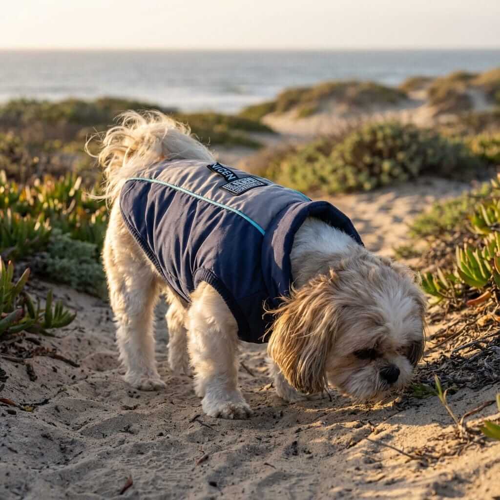 Ribbed Hem Dog Jacket on a dog exploring a sandy path, showcasing its water-repellent features for dogs.