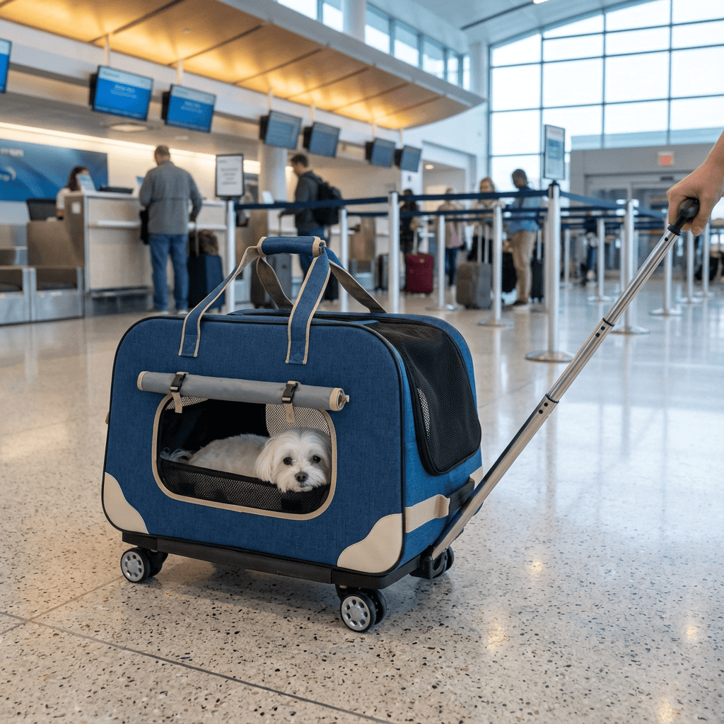 RollMate Pet Carrier in airport with dog, featuring detachable wheels and backpack option for pets