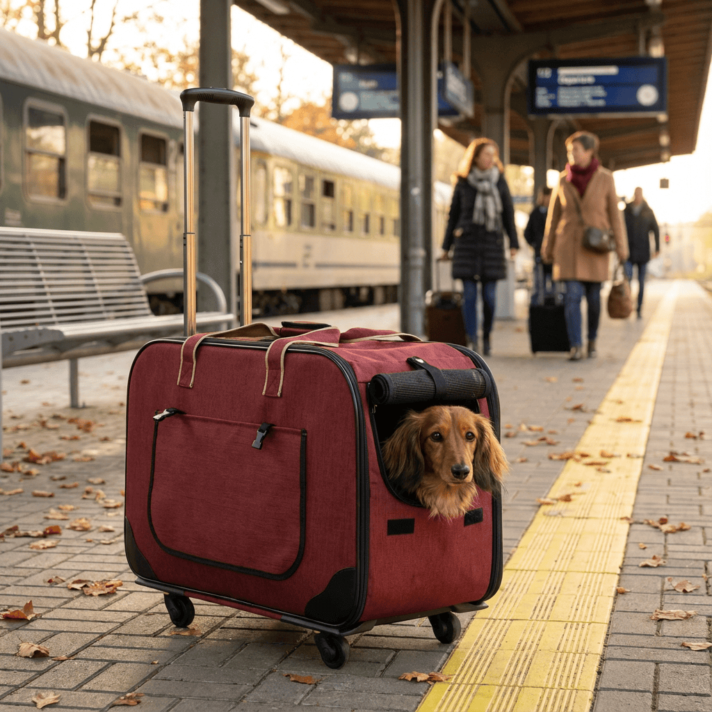 RollMate Pet Carrier for Dogs & Cats, foldable trolley with four-wheel system, perfect for stress-free travel.
