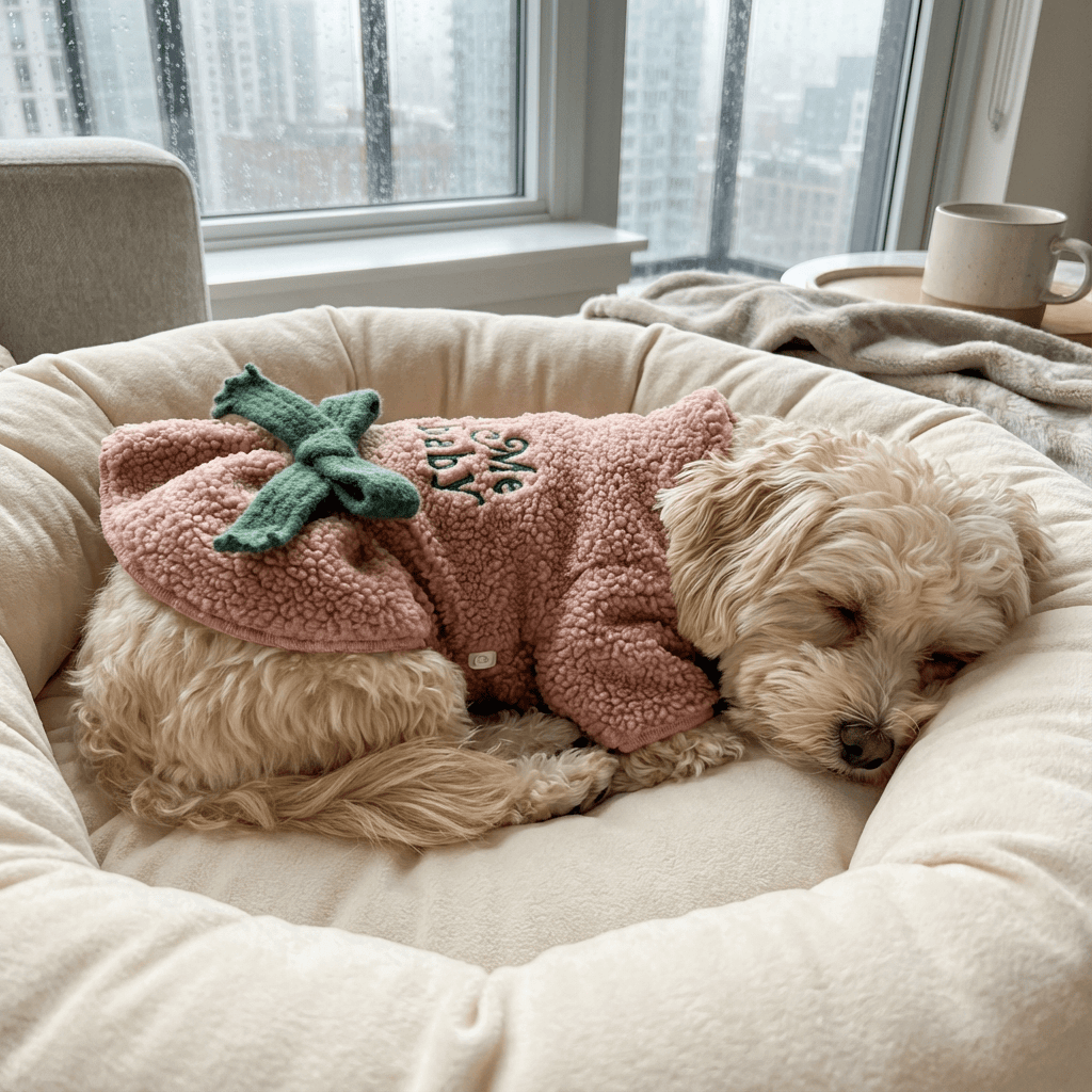 Royal Frost Bow Dress for dogs, plush cozy outfit with a green bow for warmth and style in autumn and winter.