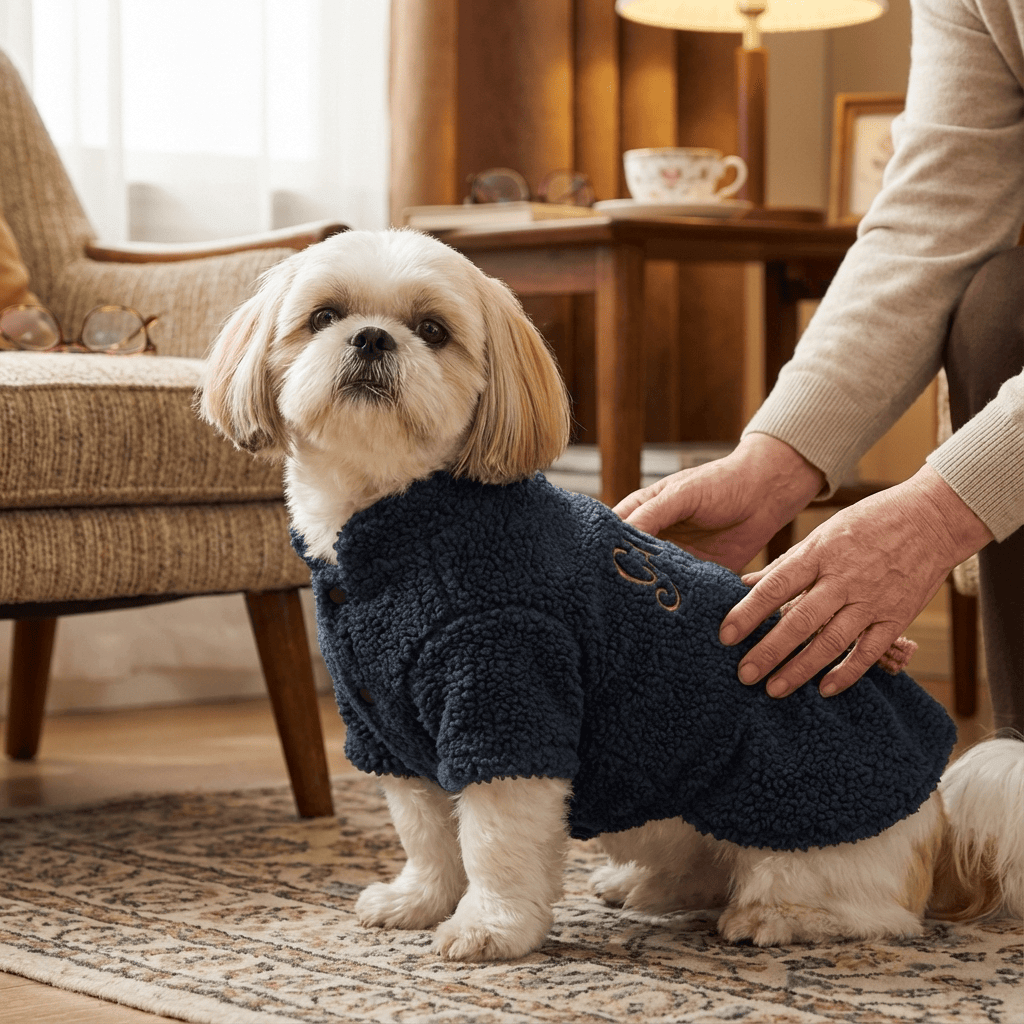 Royal Frost Bow Dress on a dog, showcasing plush warmth and stylish blue design for dogs and cats.