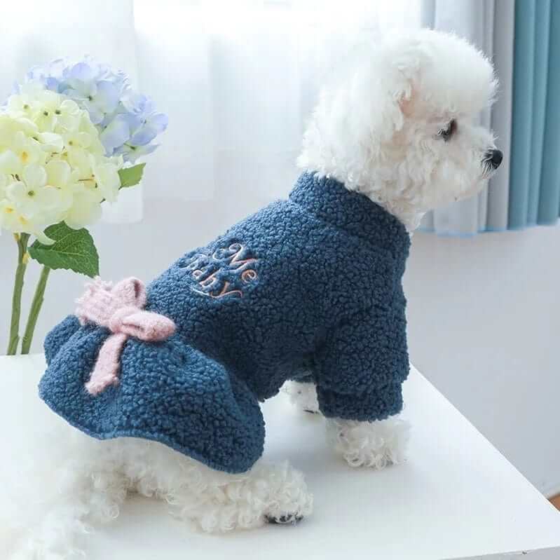 Royal Frost Bow Dress for dogs, plush and stylish design with a blue bow, perfect for autumn and winter.