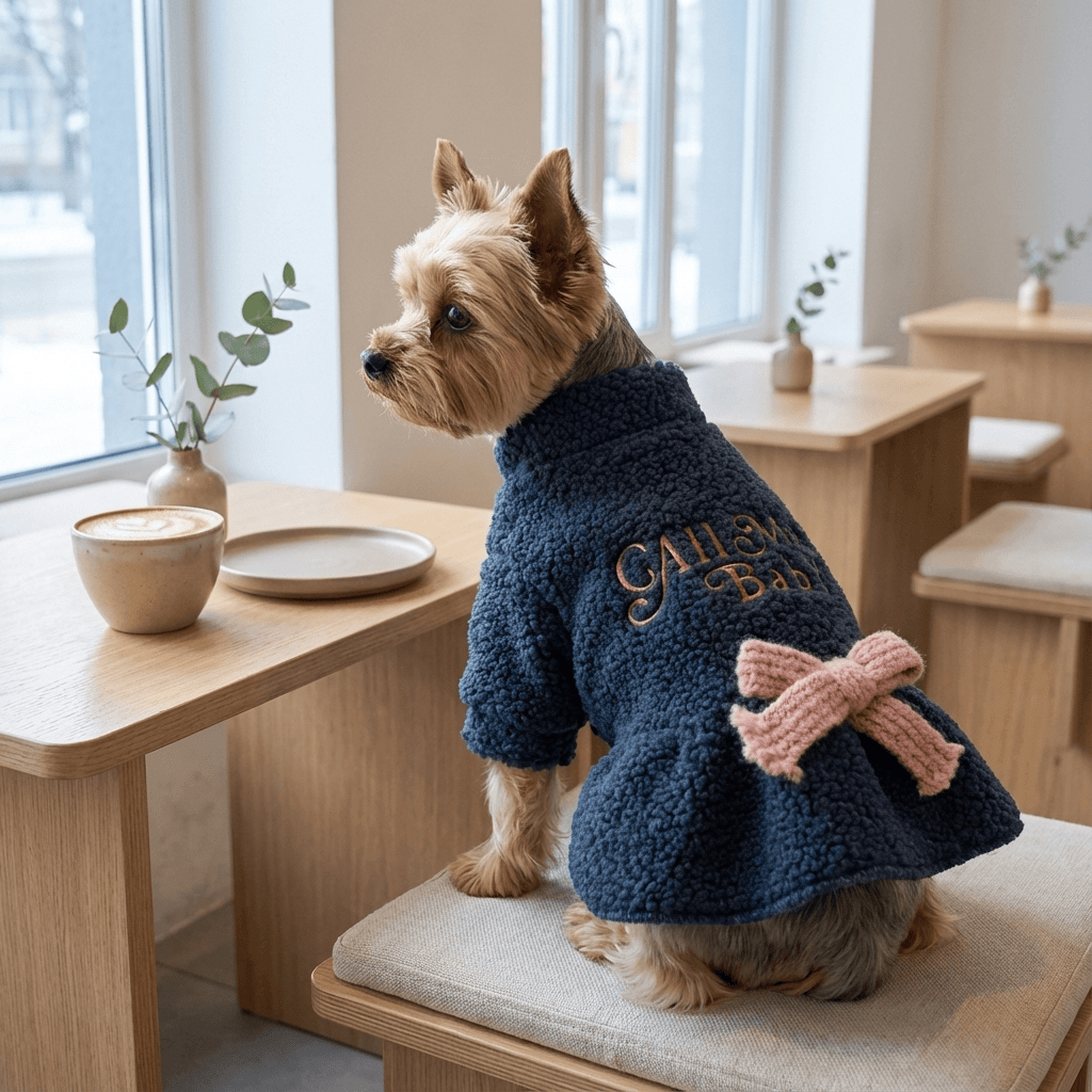 Royal Frost Bow Dress, dog dress, plush and warm, features blue bow, perfect for fall and winter, by Dogs & Cats.