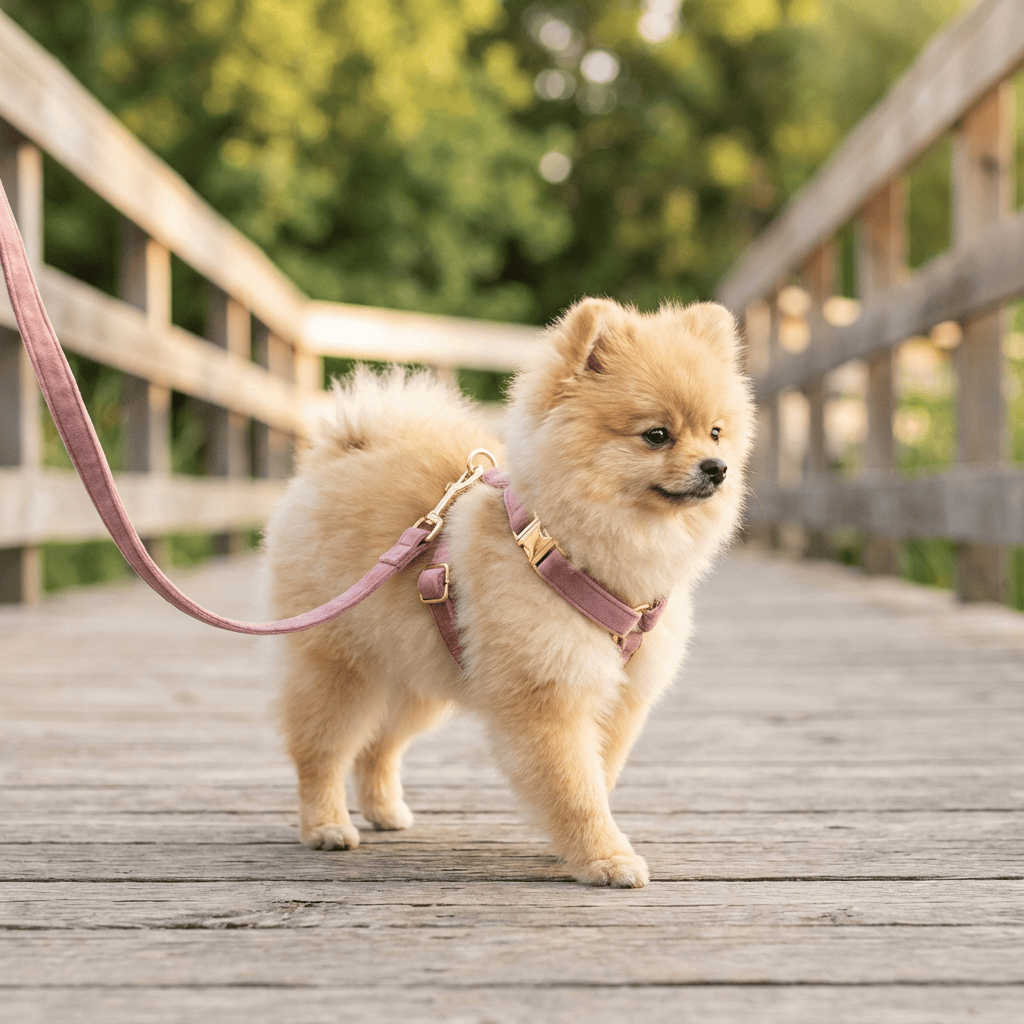 RoyalPaws Velvet Dog Set featuring a stylish Pomeranian in a matching purple harness and leash set.