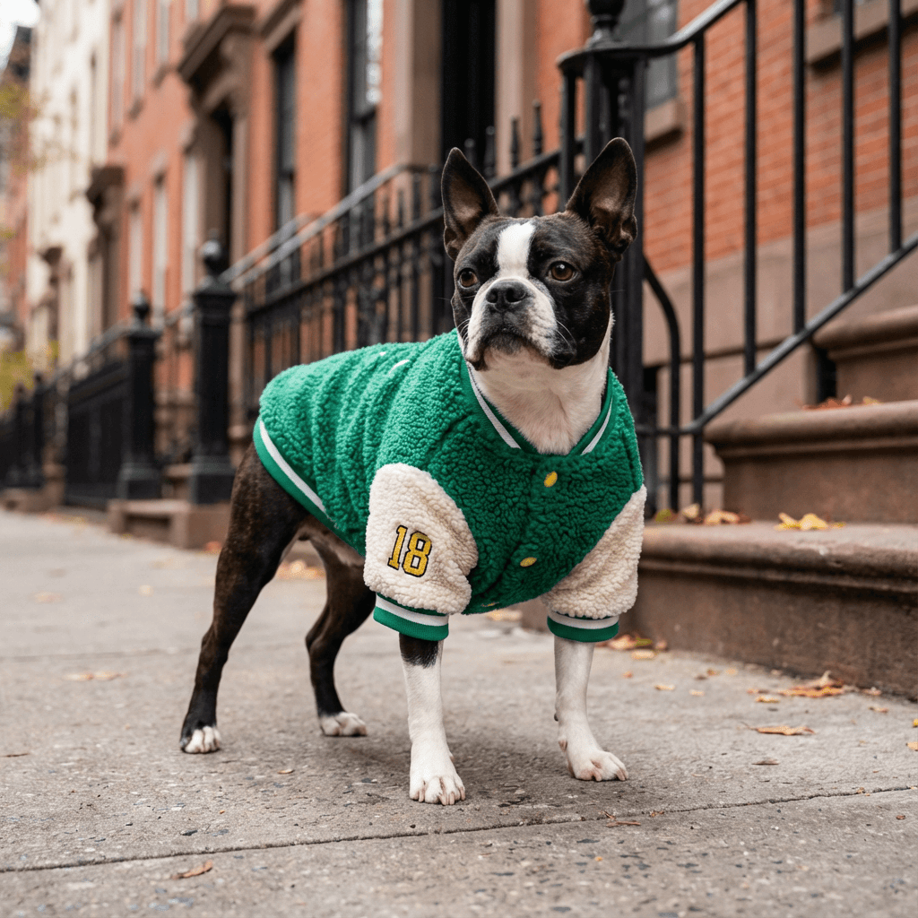 Boston Terrier wearing a SaturnPaw Fleece Dog Jacket, showcasing its warm fleece design for stylish winter comfort.