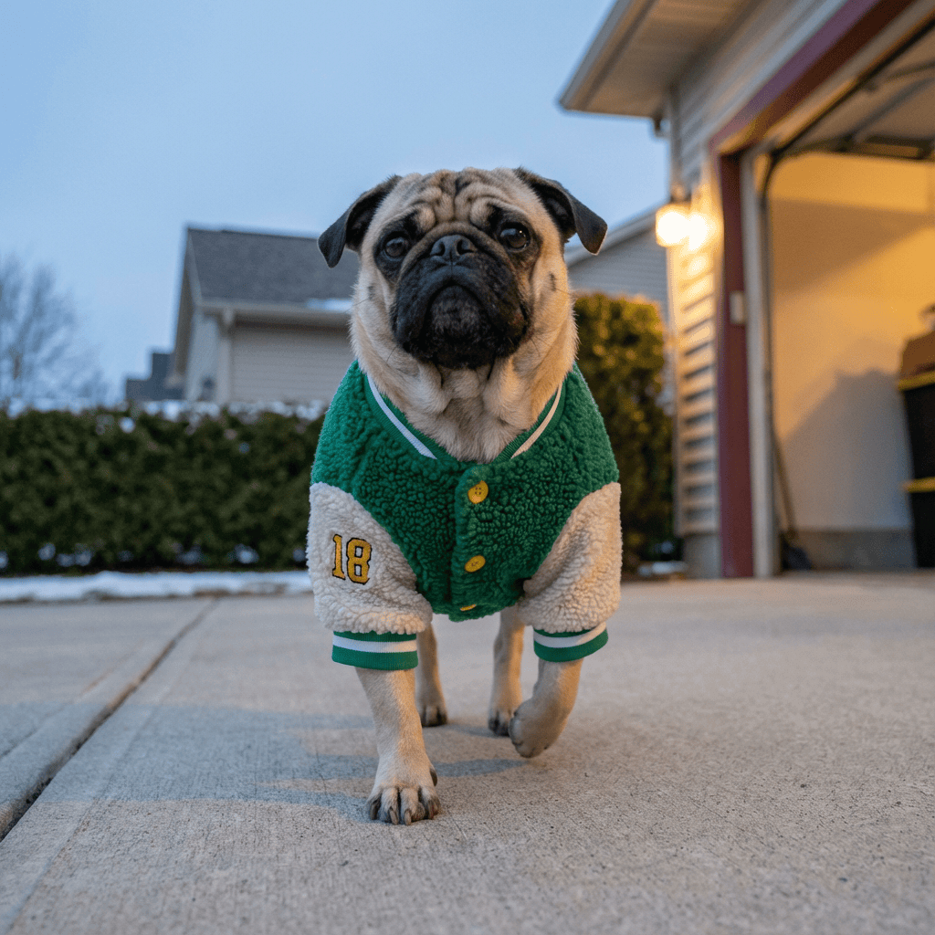 Small dog wearing SaturnPaw Fleece Dog Jacket, featuring a cozy fleece interior for winter comfort.