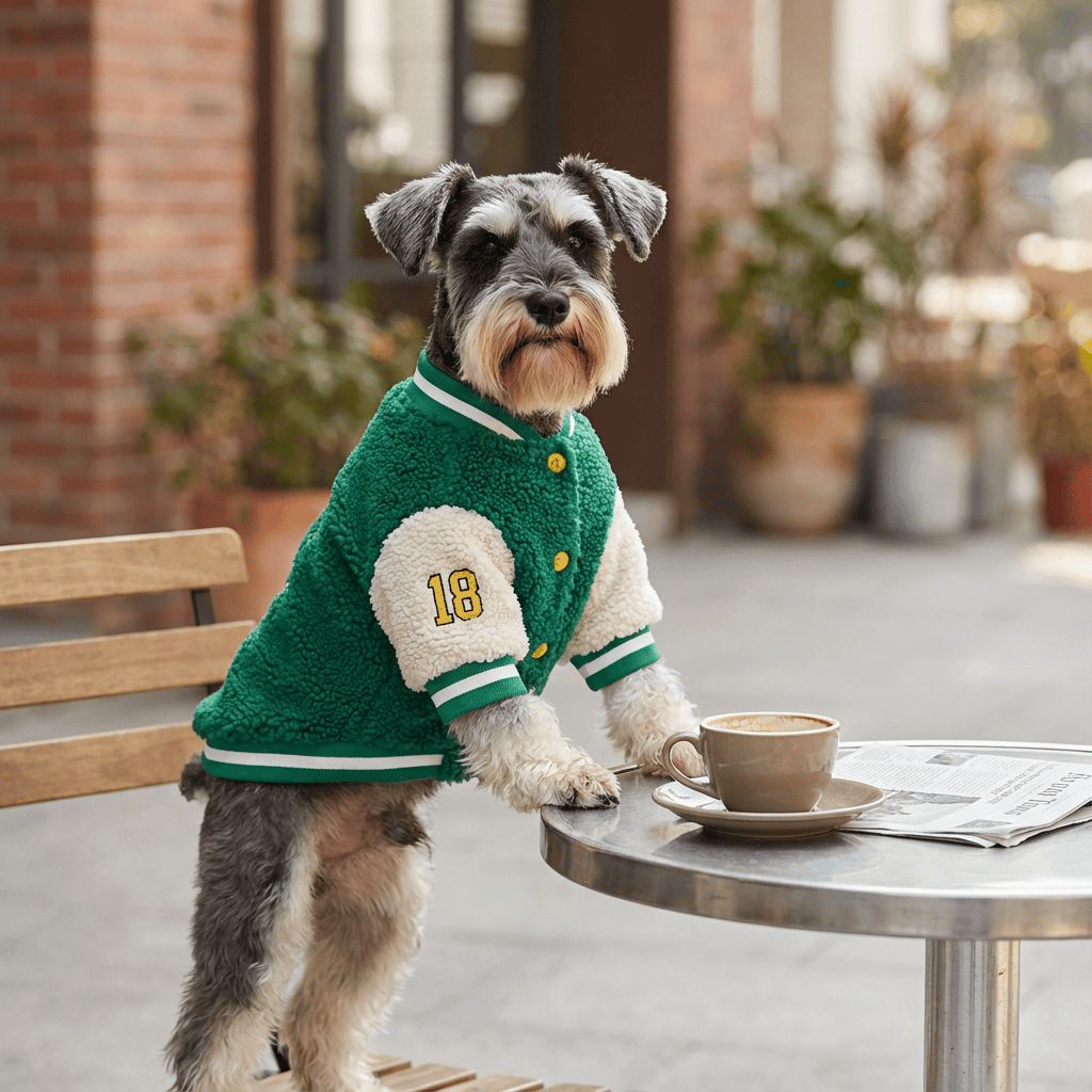 SaturnPaw Fleece Dog Jacket on a stylish dog sitting at a cafe table, showcasing its warm fleece interior and modern design.
