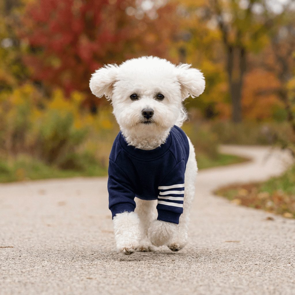Short Sleeve Dog Sweater on a white dog walking in the park, showcasing the breathable design and sporty look by Dogs & Cats.