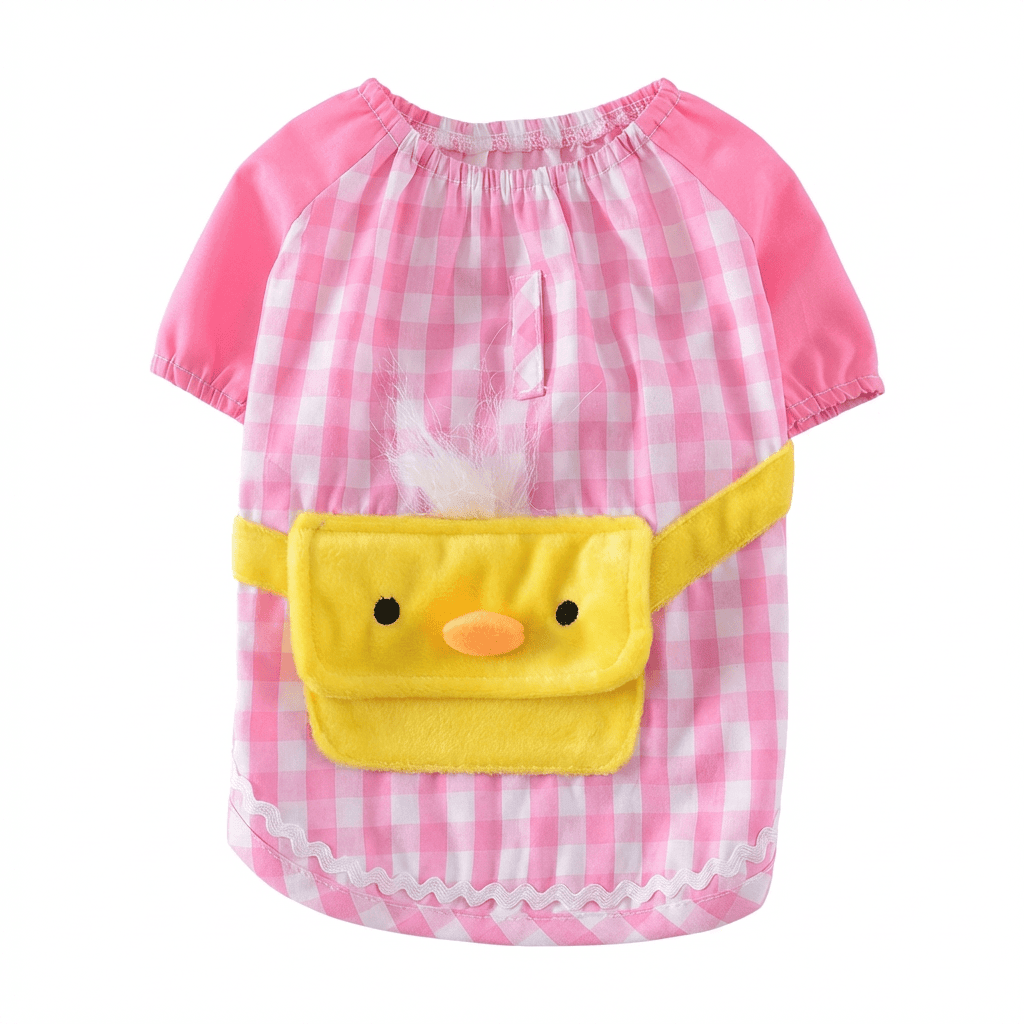 Side Pocket Plaid Dog Shirt Spring featuring lightweight cotton, breathable material, and a fun duck pocket design.