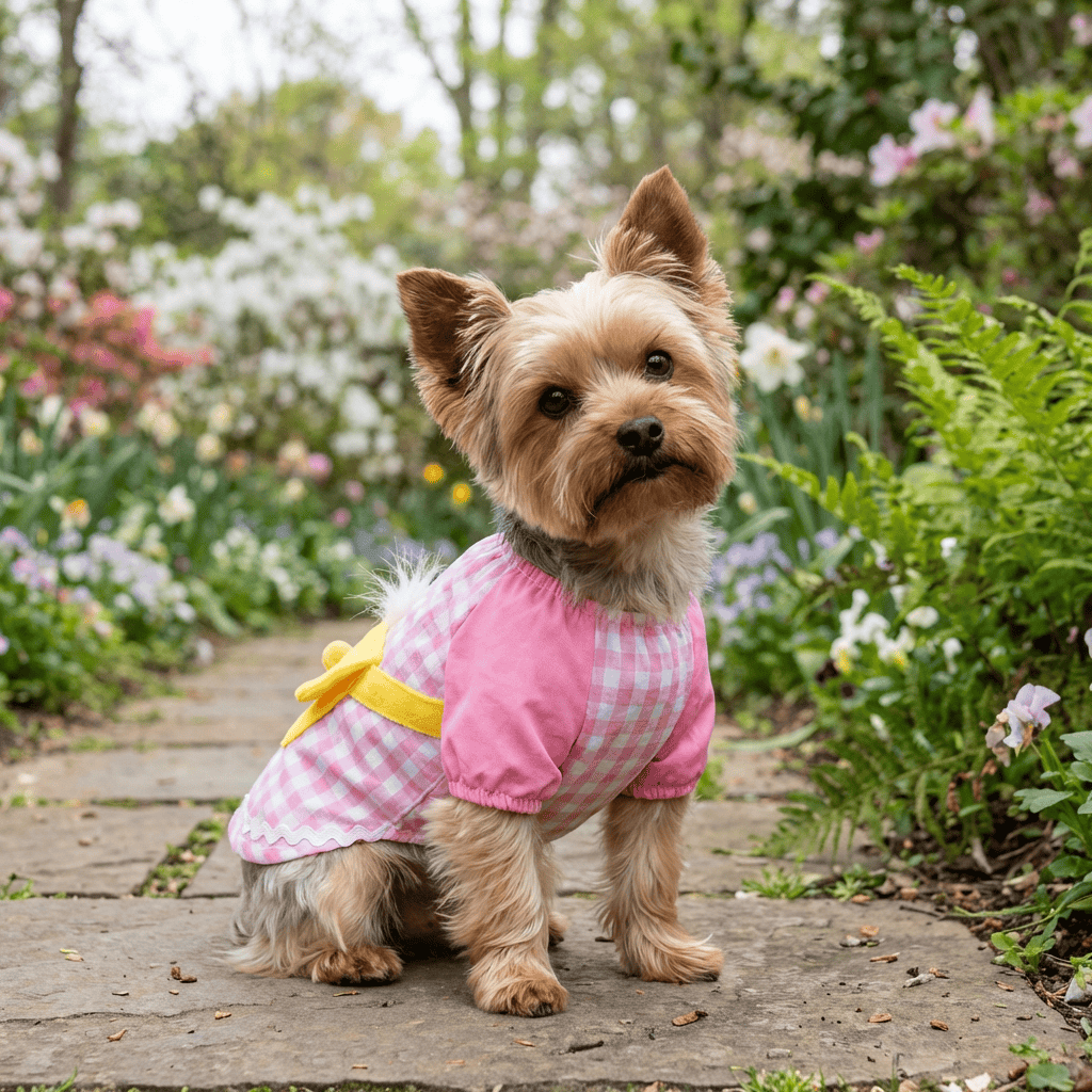 Side Pocket Plaid Dog Shirt Spring on a dog in a garden, breathable cotton, cozy fit, for Dogs & Cats.