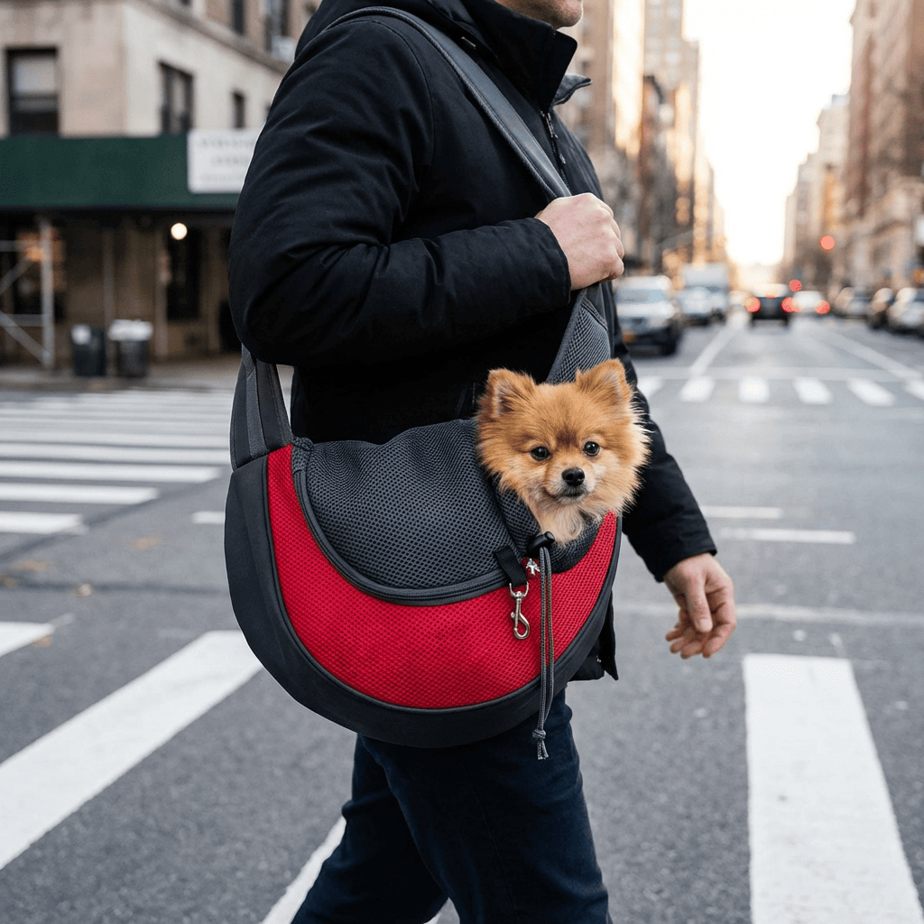 Side Sling Pet Carrier - hands-free pet sling for dogs & cats, featuring a stylish design and zippered pocket.