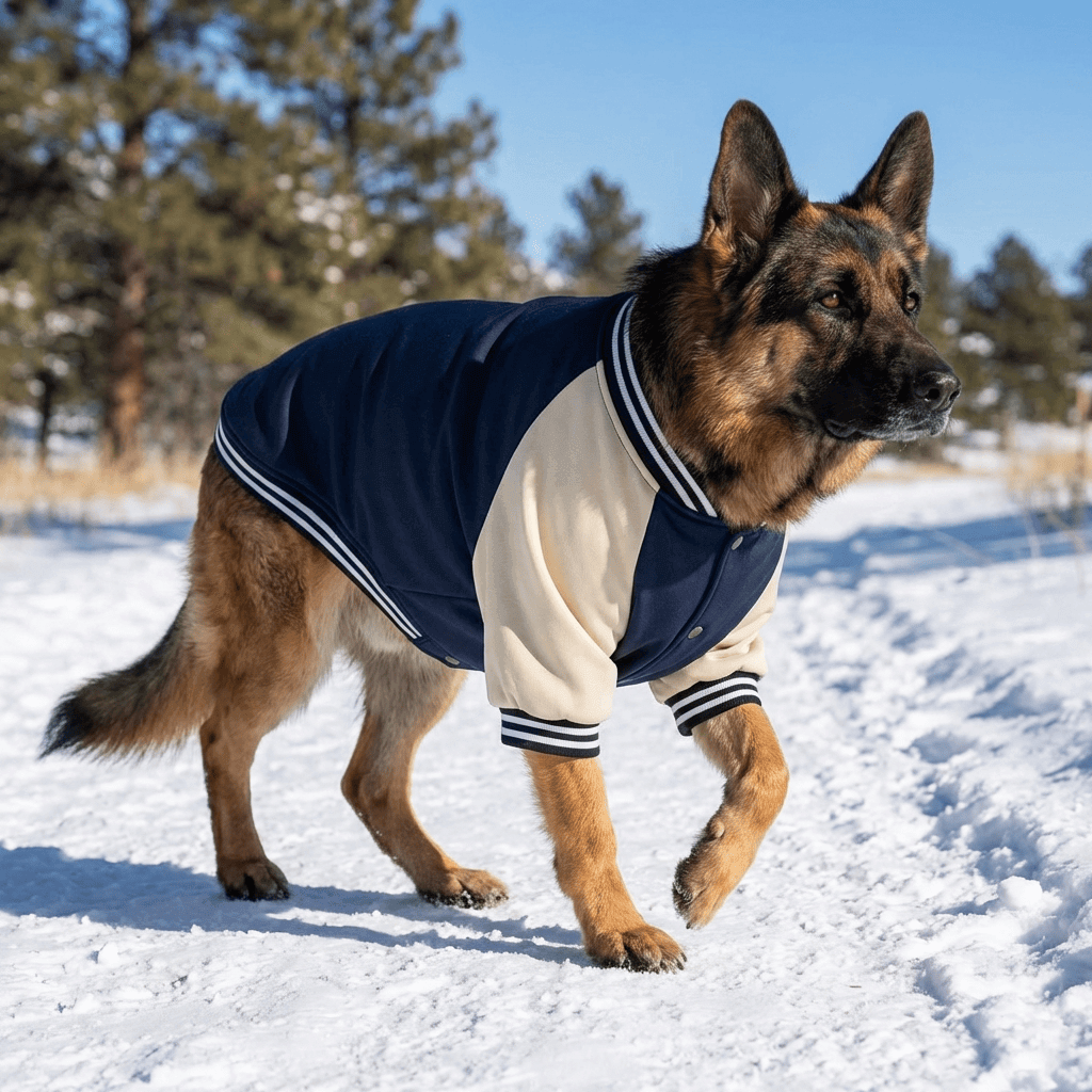 Signature Athletic Dog Jacket on German Shepherd in snow, featuring varsity style, comfort, and Dogs & Cats quality.