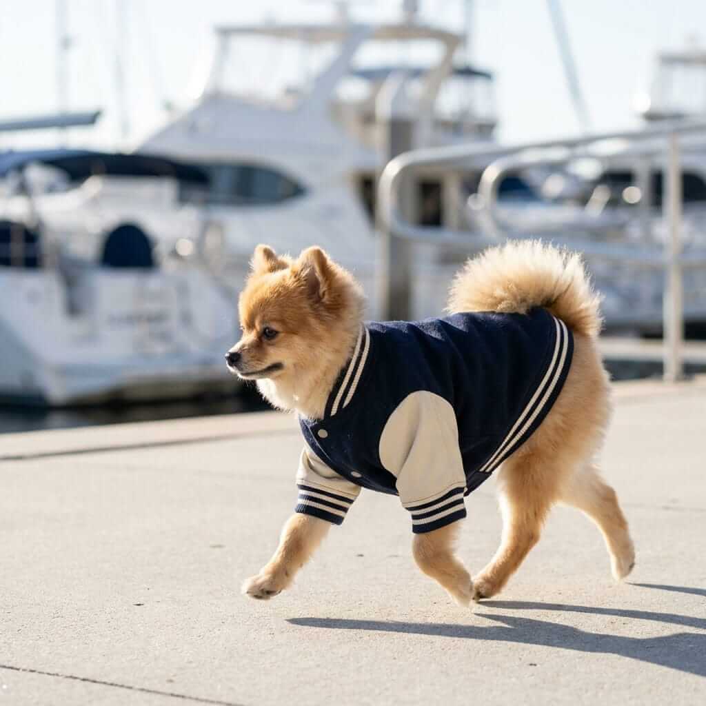 Pomeranian wearing Signature Athletic Dog Jacket, a varsity-style coat for cold weather by Dogs & Cats.