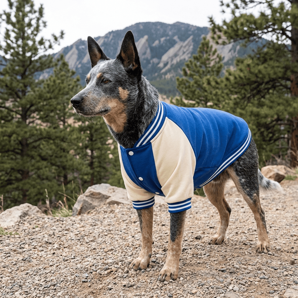 Signature Athletic Dog Jacket on an active dog in the mountains, featuring varsity style and breathable insulation for comfort.