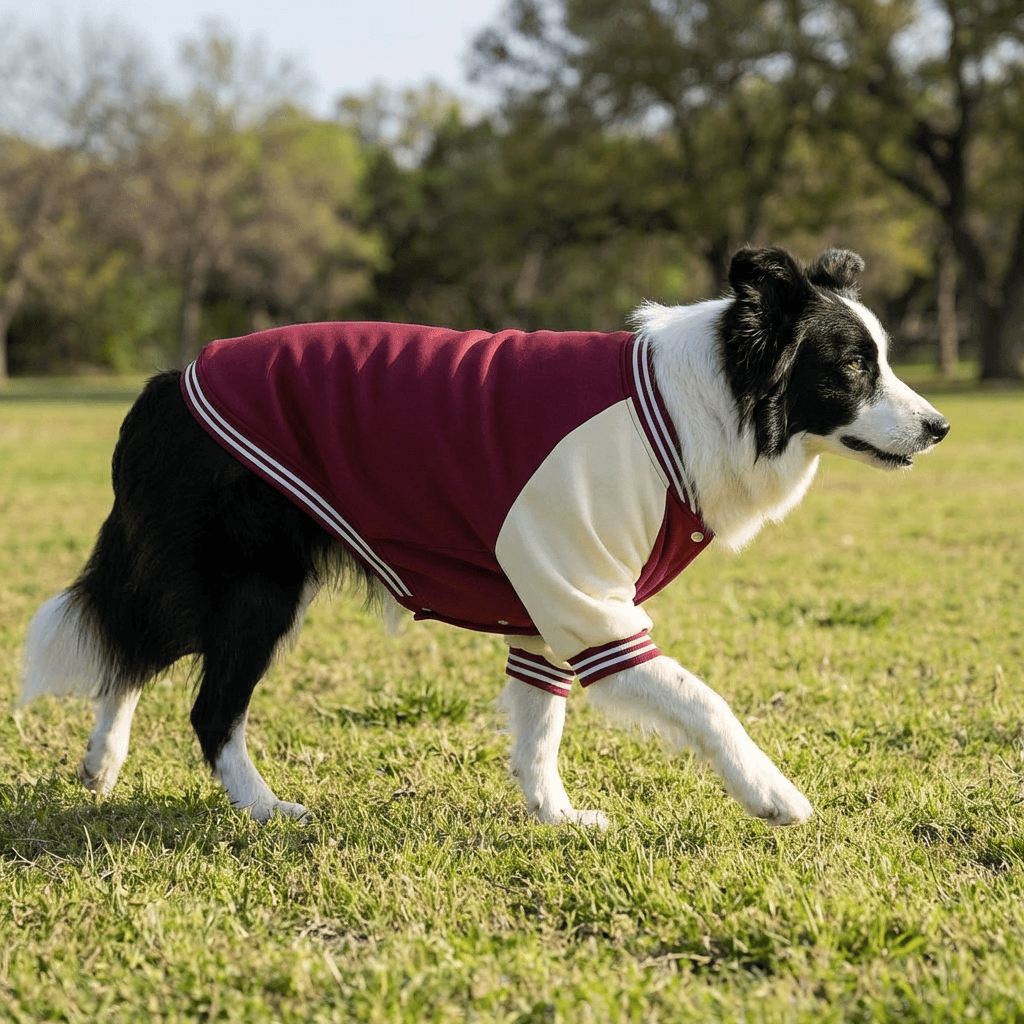 Signature Athletic Dog Jacket on a dog, featuring varsity style, warm polyester, and Dogs & Cats brand.