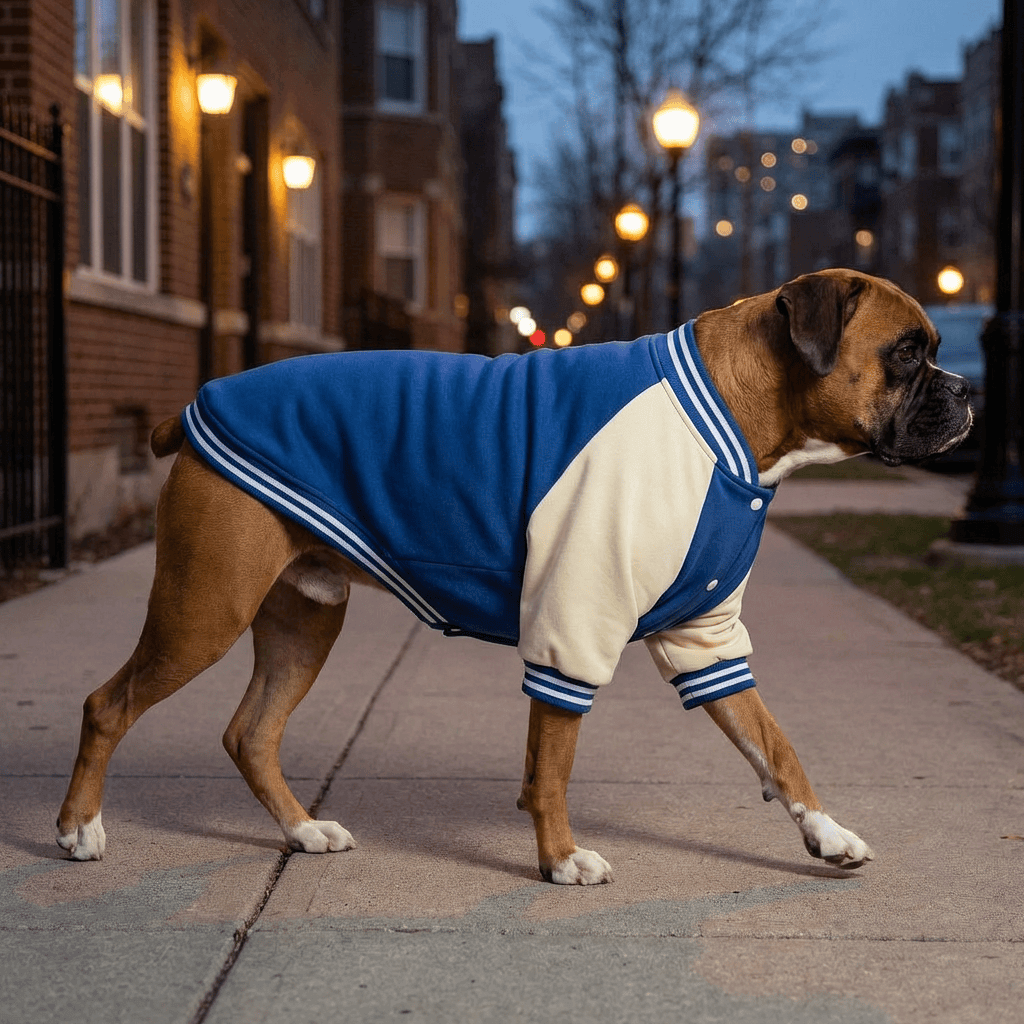 Signature Athletic Dog Jacket on a boxer dog, featuring classic varsity style with blue and cream colors, perfect for dogs.