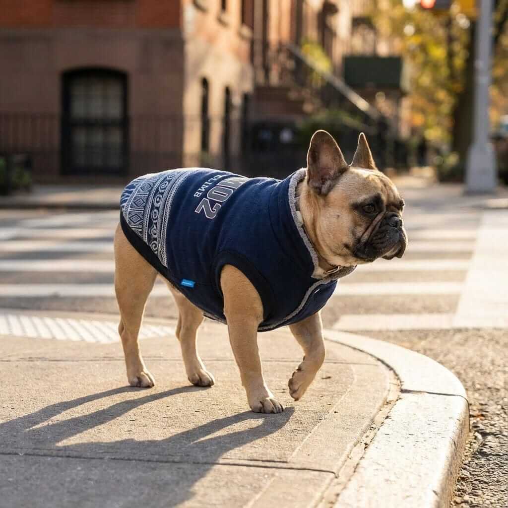 Sky Climb Team Dog Jacket on a French Bulldog, stylish, warm, plush-lined, perfect for dogs & cats.