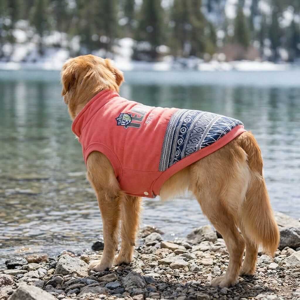 Sky Climb Team Dog Jacket on golden retriever by the water, featuring plush lining and stylish design for warmth and comfort.