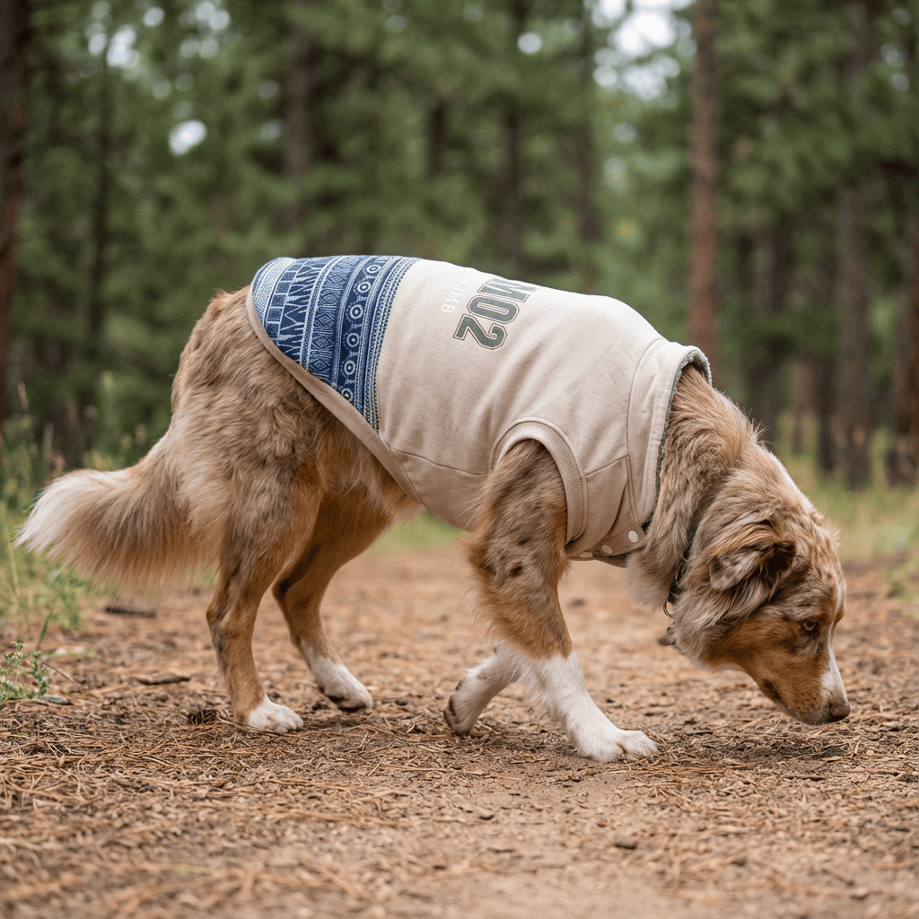 Sky Climb Team Dog Jacket on a dog outdoors, showcasing its stylish design and plush material for warmth.