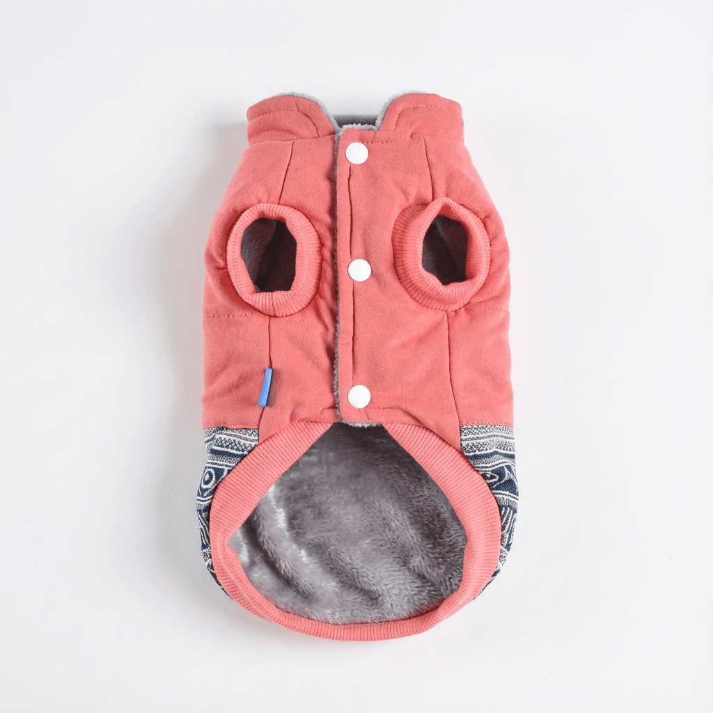 Sky Climb Team Dog Jacket - stylish sleeveless dog coat with plush lining, ribbed cuffs, and button closure for warmth.