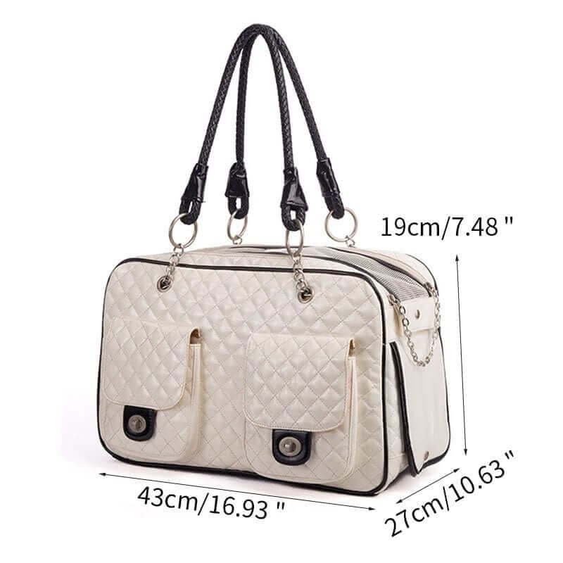 Sleek Leather Pet Carrier - Stylish carrier for small dogs & cats with premium leather design and pockets.