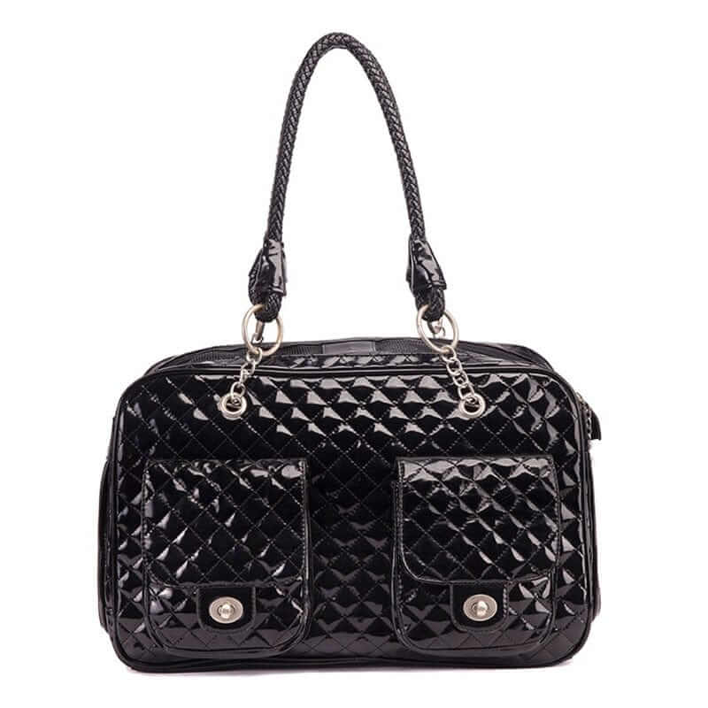 Sleek Leather Pet Carrier - Stylish black quilted design with dual front pockets for pet travel - Ideal for Dogs & Cats.