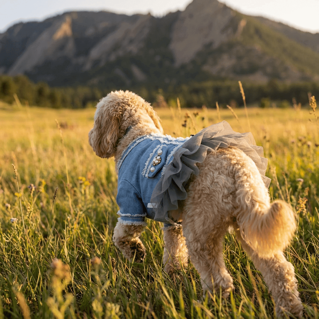 Small Dog Denim Tutu Skirt Dress on a dog in a field, featuring denim fabric and a cute tutu skirt.