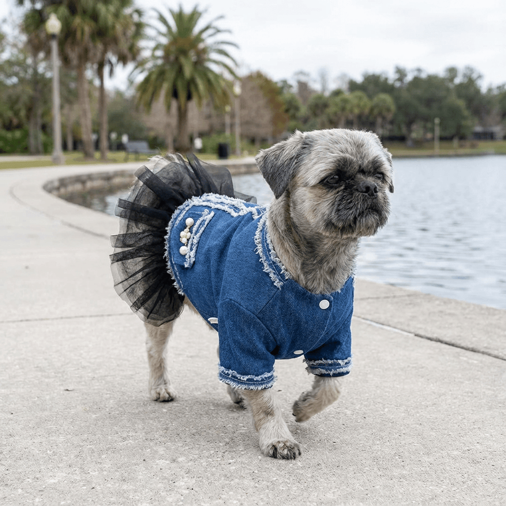 Small Dog Denim Tutu Skirt Dress - Lightweight denim dress with tutu skirt, perfect for spring outings by Dogs & Cats.