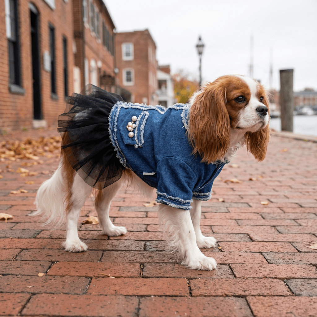 Small Dog Denim Tutu Skirt Dress for stylish pets featuring denim finish and tutu skirt design from Dogs & Cats brand.