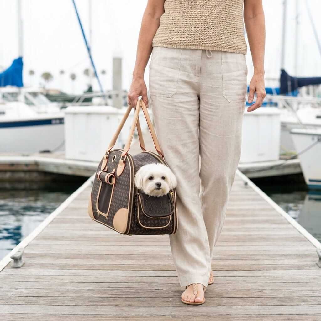 Small Pet Carrier Outdoor Bag with a dog in a fashionable carrier, showcasing breathable mesh and durable design.