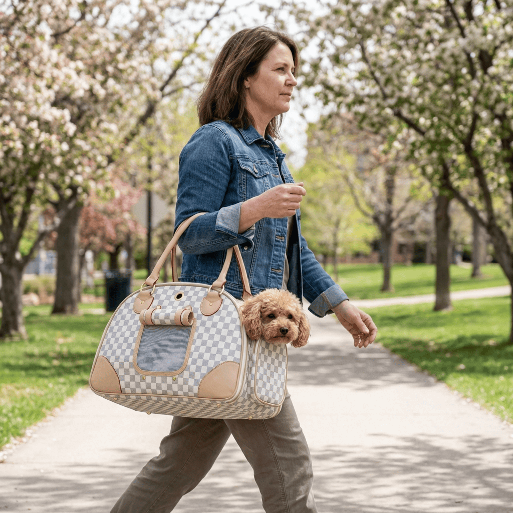 Woman walking in park with a Small Pet Carrier Outdoor Bag, featuring a dog peeking out, showcasing breathable mesh design.