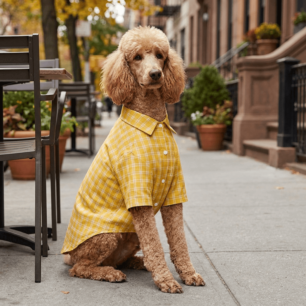 A stylish dog wearing the Smile Embroidered Plaid Dog Shirt, featuring a button closure and soft fabric for comfort.