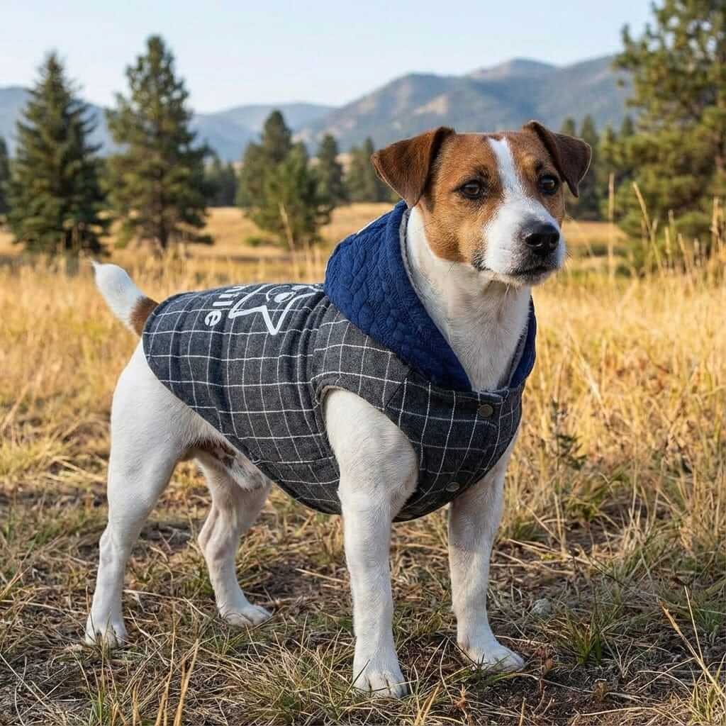 Smile Star Small Dog Hooded Coat on a dog in a field, featuring breathable fabric and a hooded neckline.