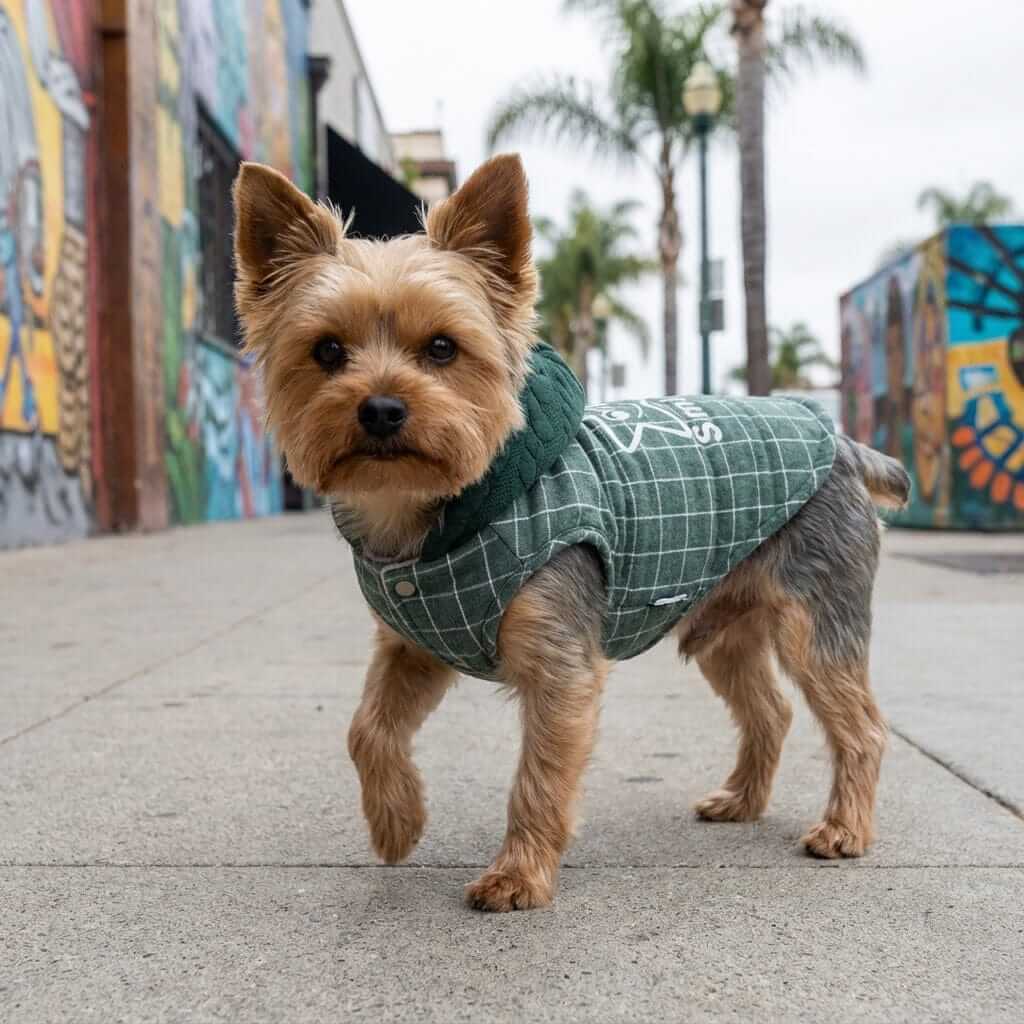 Smile Star Small Dog Hooded Coat on a small dog in a stylish green check pattern, ideal for pets in unpredictable weather.