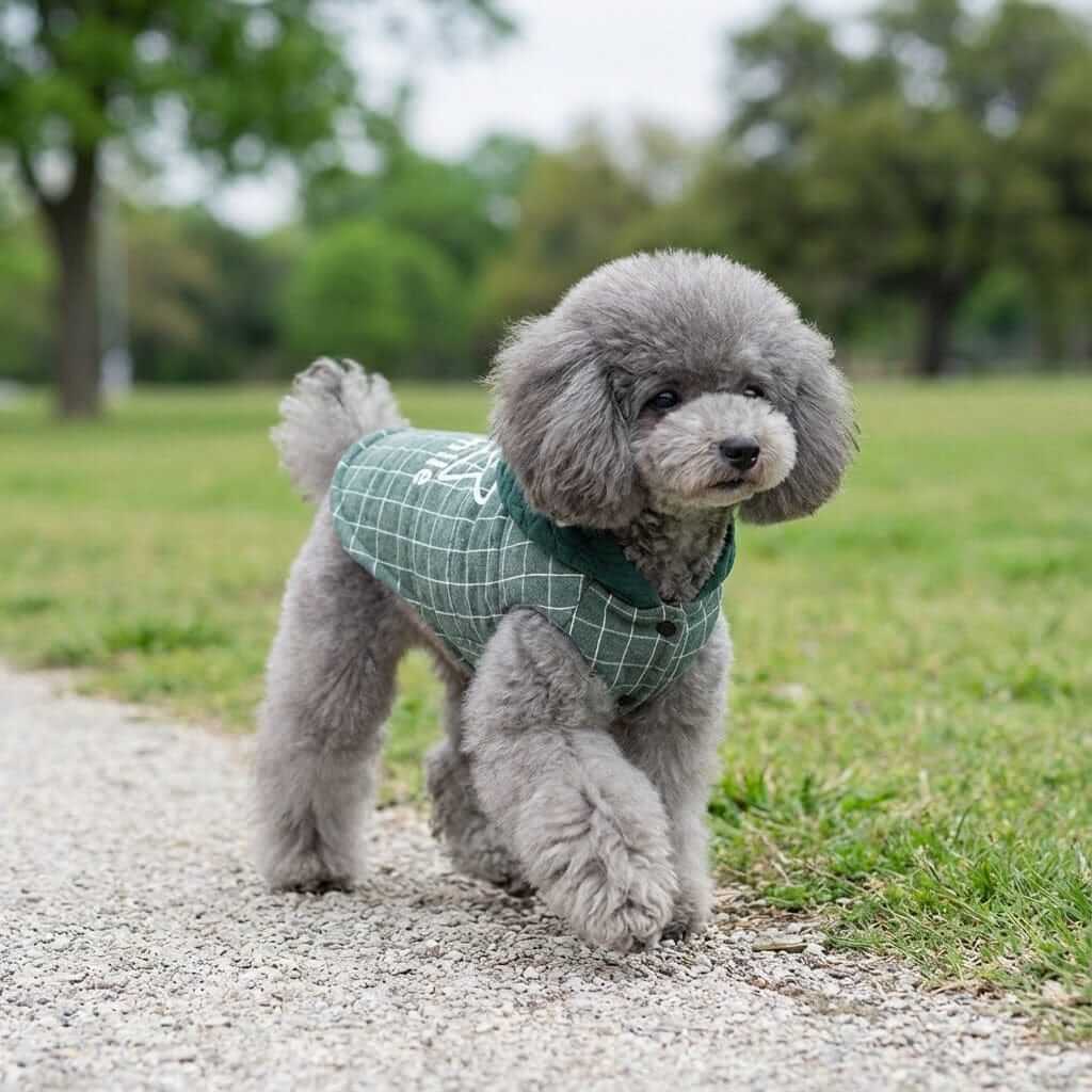 Smile Star Small Dog Hooded Coat on a small poodle, featuring breathable fabric and a cozy hooded design for dogs.