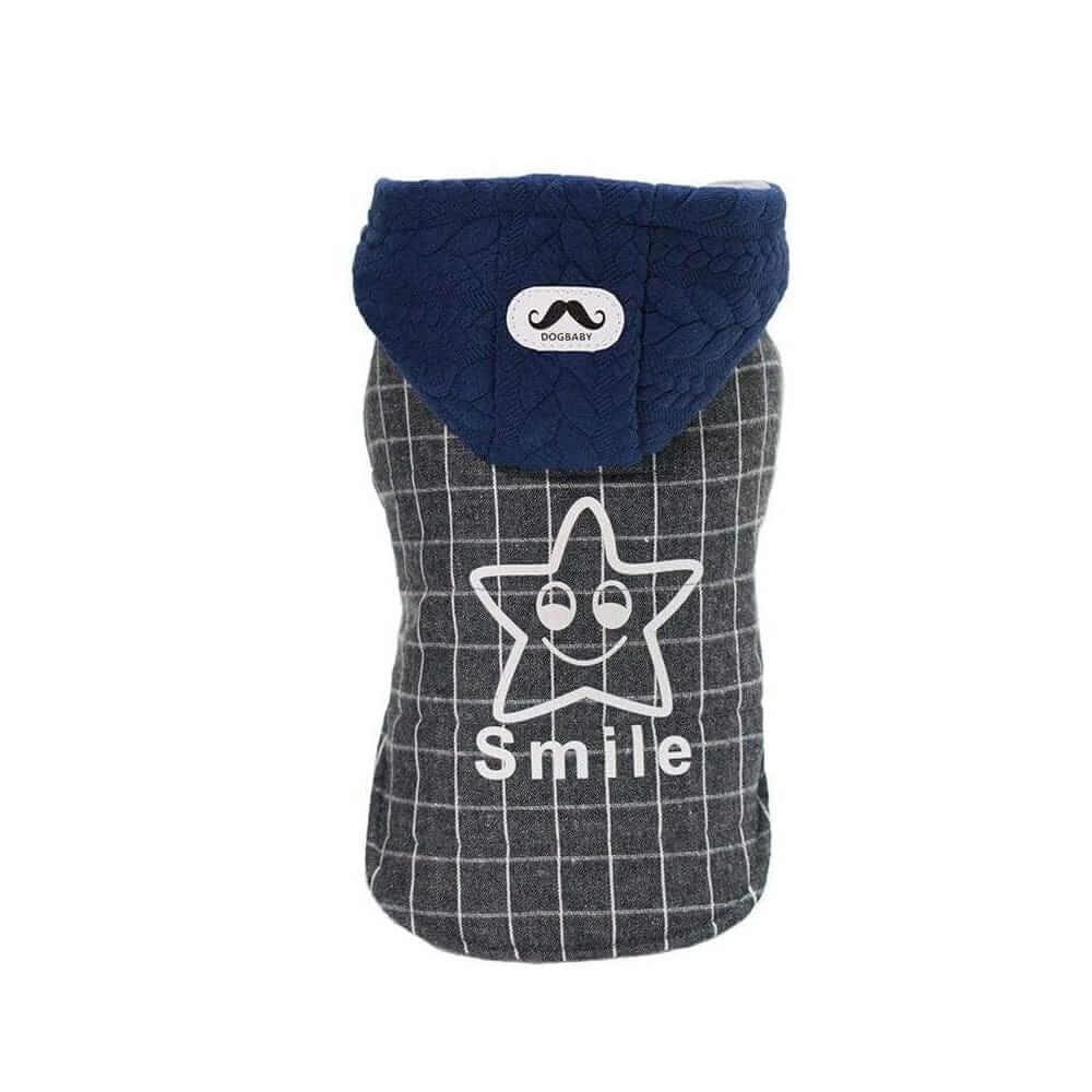 Smile Star Small Dog Hooded Coat for pets, featuring breathable fabric, lightweight feel, and cozy hooded neckline.