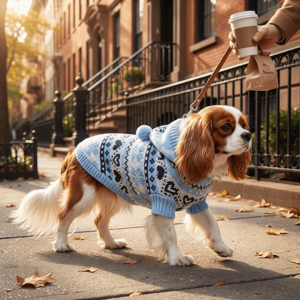 Snowflake Striped Dog Sweater on a Cavalier King Charles Spaniel during a walk, featuring soft fabric and charming pattern.
