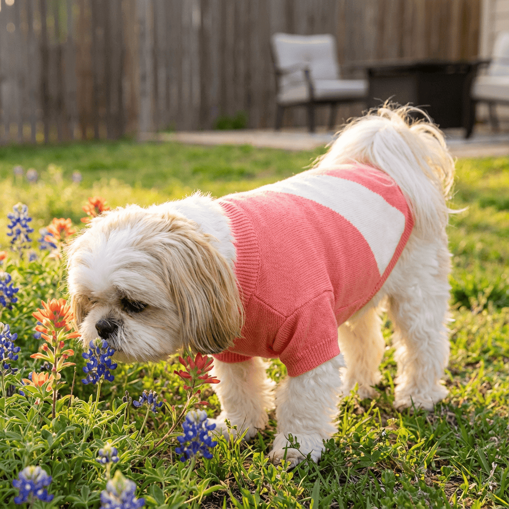 SnugFit Dog Sweater on a small dog in a colorful flower field, soft fabric, stylish design, perfect for dogs & cats.