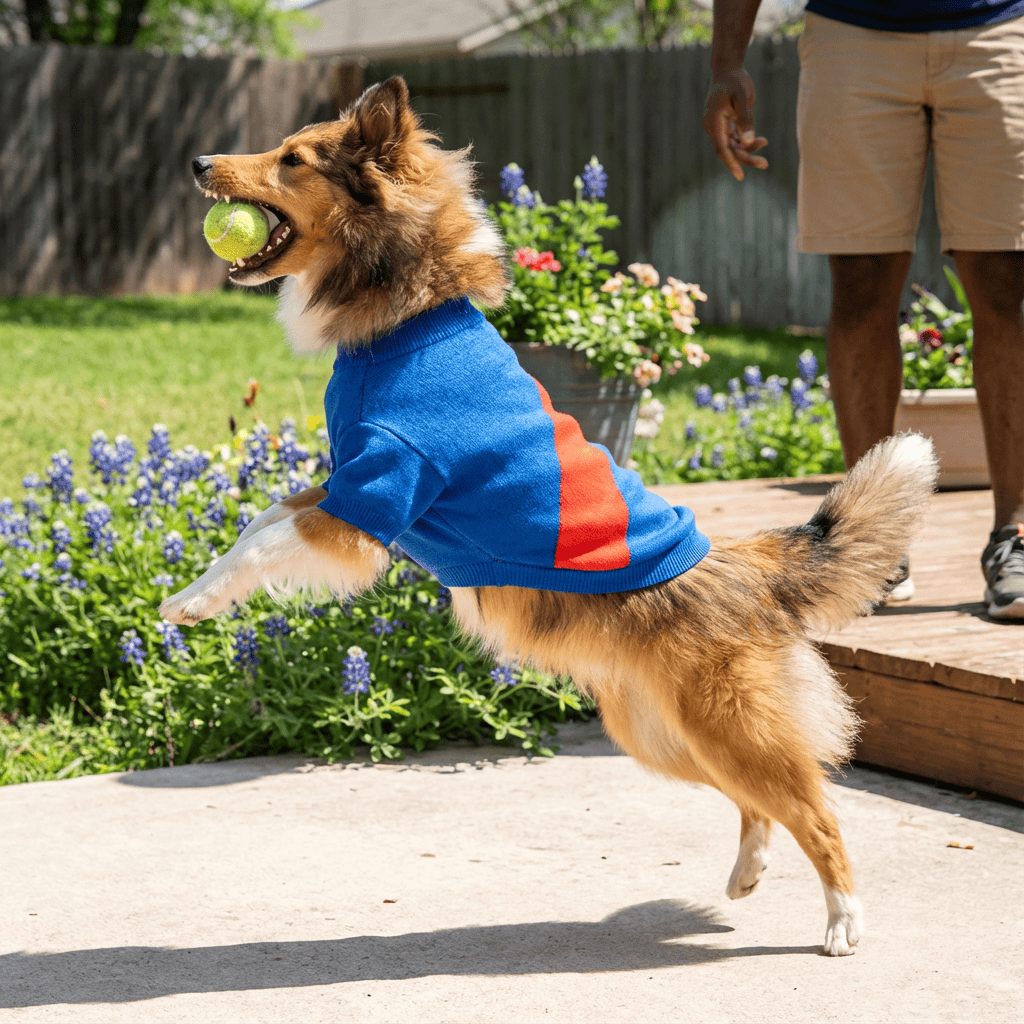 Happy dog wearing a SnugFit Dog Sweater, jumping with a tennis ball in a sunny garden, ideal for Dogs & Cats.