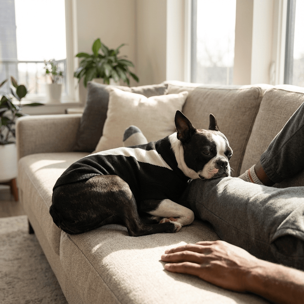 SnugFit Dog Sweater on a relaxed dog lounging on a couch, showcasing ultimate comfort for Dogs & Cats.