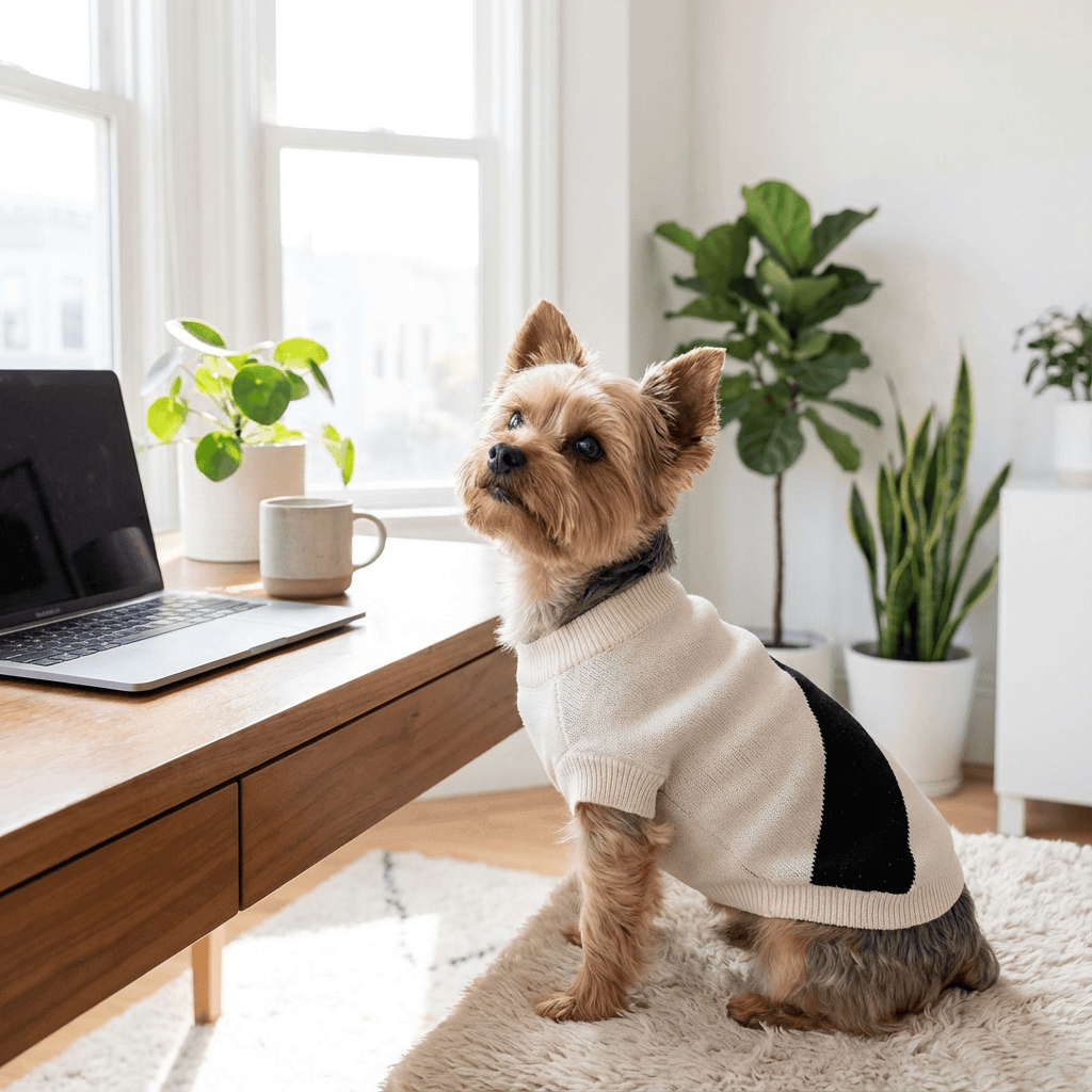 A stylish dog wearing a SnugFit Dog Sweater, showcasing comfort and warmth in a cozy home setting.