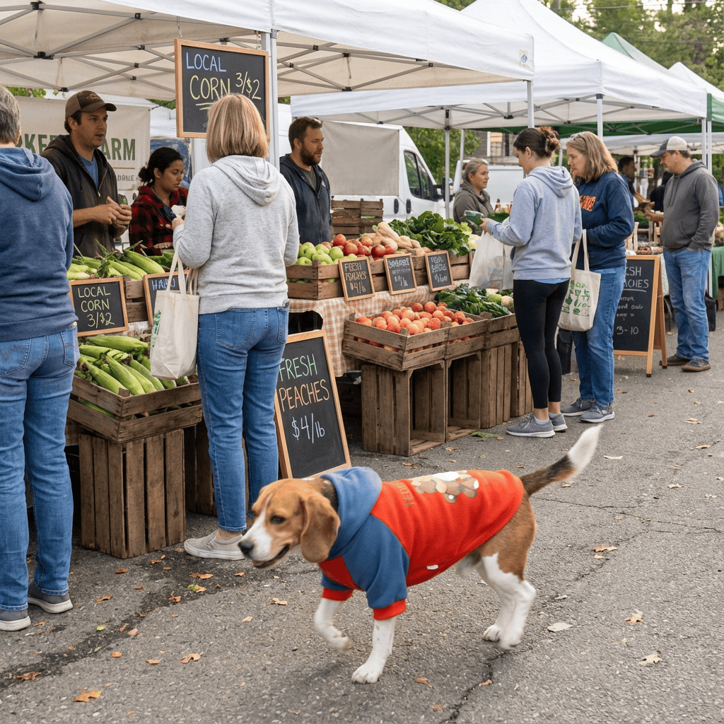 Snuggle Bear Dog Hoodie on a Beagle at a farmers market surrounded by fruits and vegetables, showcasing stylish pet apparel.