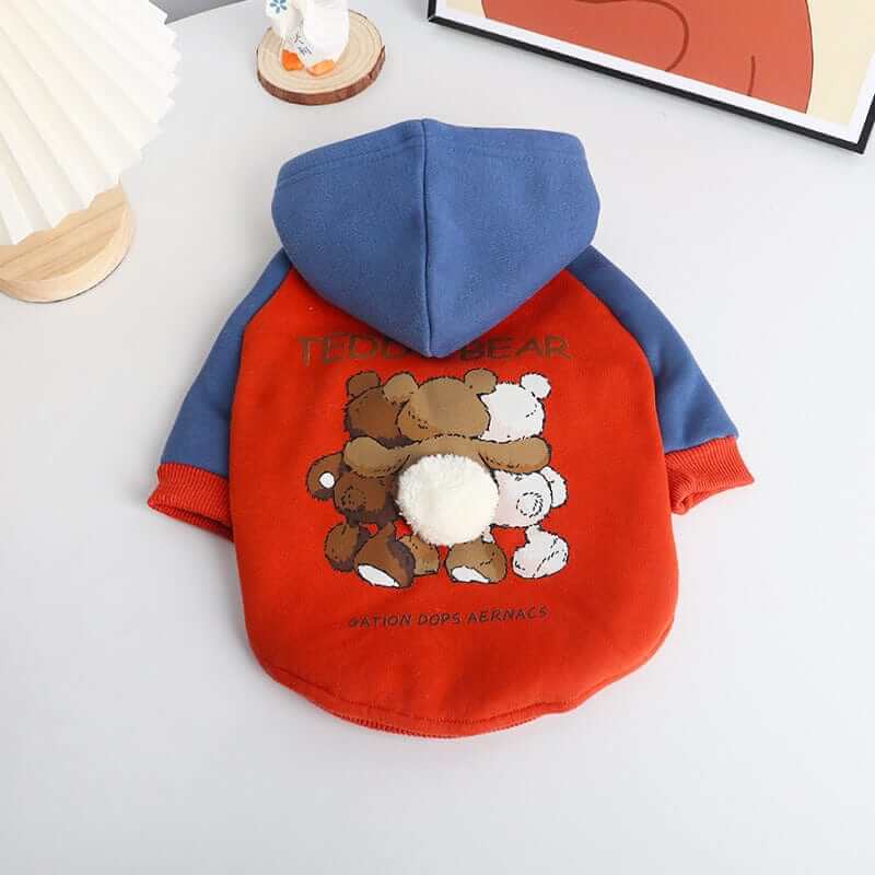 Snuggle Bear Dog Hoodie back view, bear-themed design, cozy and stylish for small dogs, Dogs & Cats brand.