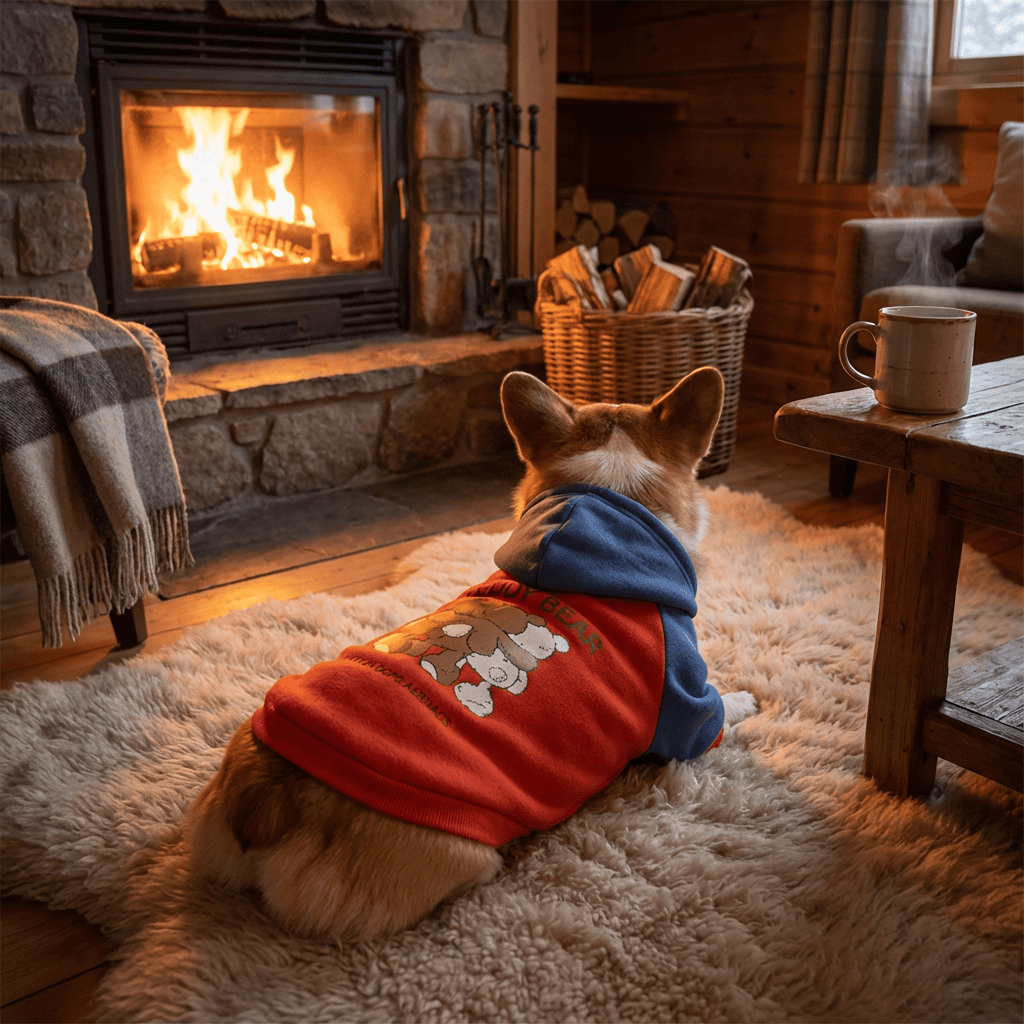 Corgi wearing Snuggle Bear Dog Hoodie by Dogs & Cats, sitting by the fireplace on a cozy rug.